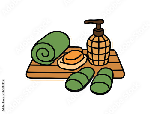 Cozy spa-style arrangement showing a rolled green towel, soap on a dish, a pump bottle, and slippers on a wooden mat, ideal for wellness and bathroom designs.