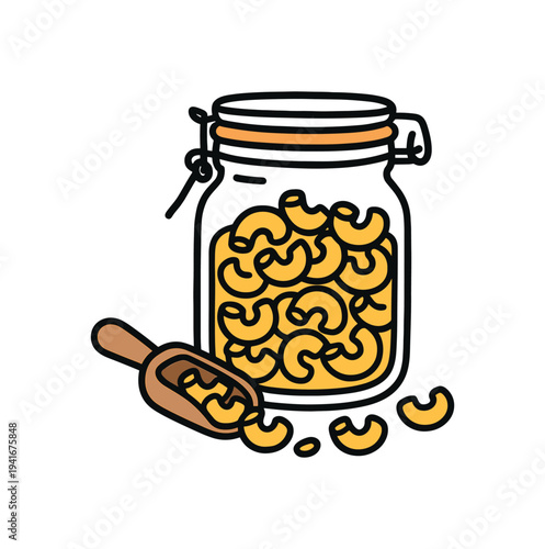 Cheerful illustration of a sealed glass jar filled with elbow macaroni and a wooden scoop beside it, suggesting pantry storage, dry pasta, or bulk food keeping.