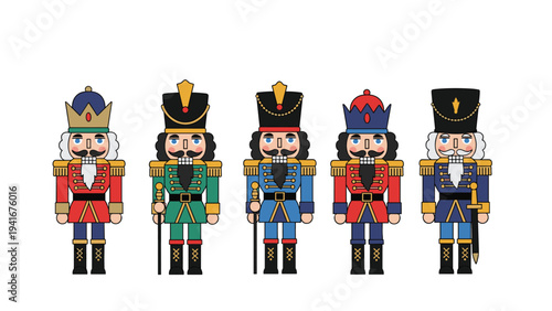 Five meticulously crafted nutcracker soldier figures stand in a row, each adorned in vibrant, distinctive uniforms, ready for holiday display.