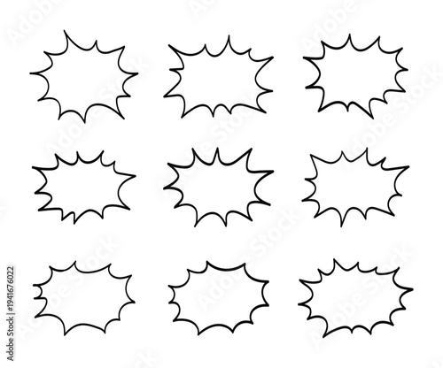 Set of hand-drawn black speech bubbles and comic explosion frames. Vector illustration of sketchy starburst and shout out balloons for manga, cartoons, and creative advertising designs.
