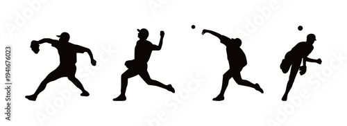 Set of black silhouettes of baseball pitchers in various throwing motions. Flat vector illustration of athlete poses for sports promotion, coaching materials, and competition posters.
