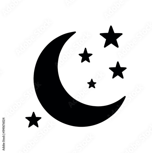 A clean black silhouette of a crescent moon surrounded by five stars, suited for sleepytime themes, nursery decor, night mode icons, or celestial designs.