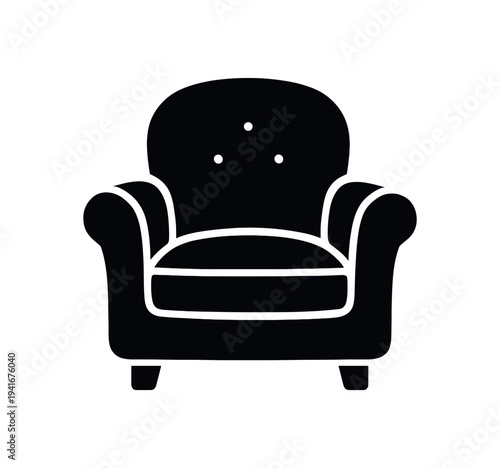 Black silhouette of a plush armchair with rounded arms and buttoned back, intended as a furniture or interior design icon.