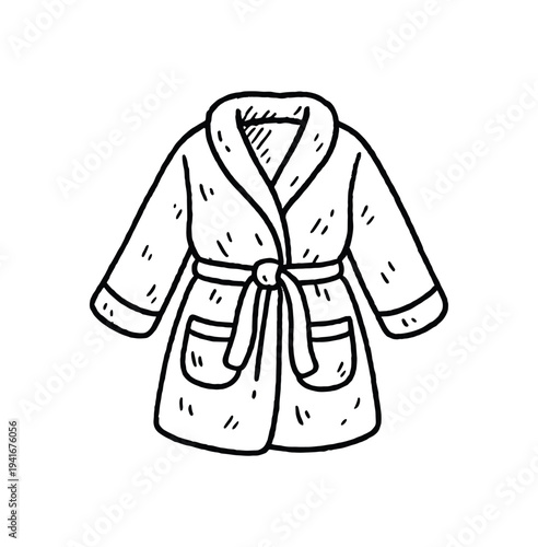Hand-drawn black line sketch of a belted bathrobe featuring a shawl collar, front pockets, and long sleeves, suitable for loungewear, spa, or morning routine artwork.