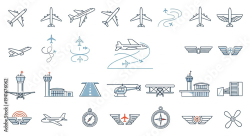 Collection of Airplane and Aviation Related Hand-Drawn Vector Icons.