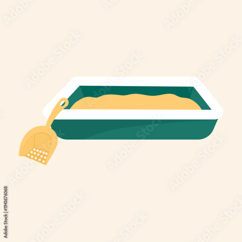 Cat litter box with sand and scoop in flat vector style.