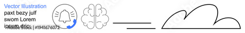 Notification systems, cognitive function, cloud services, mental processes, neural networks, and connection technology. A bell icon, brain graphic and a cloud outline. Notification systems