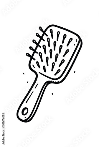 Hand-drawn style paddle hairbrush with bristles and a handle for personal grooming and salon use.