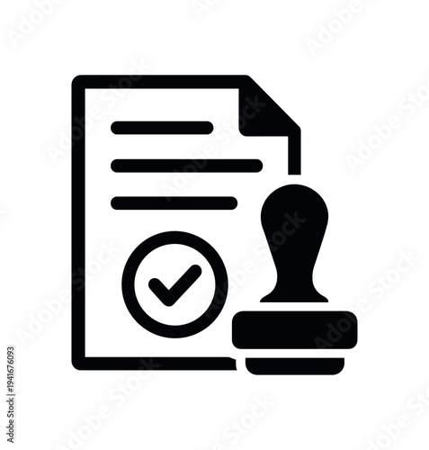 Official paper with approval checkmark and rubber stamp for business forms and certified paperwork flat vector icon