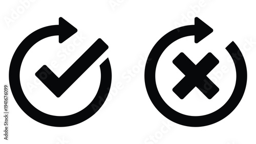 approval and rejection circular arrow line icons with checkmark and cross representing confirmation, cancel action, workflow decision concept