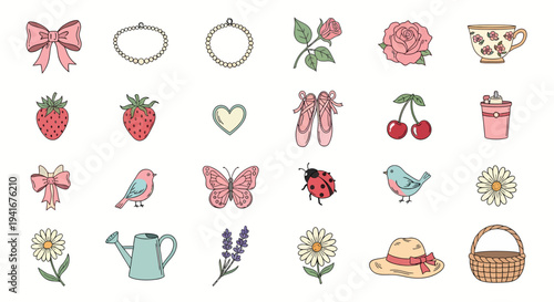 A collection of cute cartoon illustrations featuring flowers, fruits, animals, and accessories on a white background.