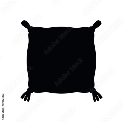 Black silhouette of a square pillow cushion with tassel knots at each corner, simple flat icon suitable for home decor labels, interior design mockups, or pattern elements.