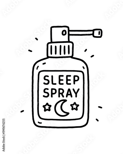 Doodle style line drawing of a small spray bottle labeled "sleep spray" with a crescent moon and stars, playful sketch perfect for sleep aid packaging, wellness blogs, or bedtime routine graphics.