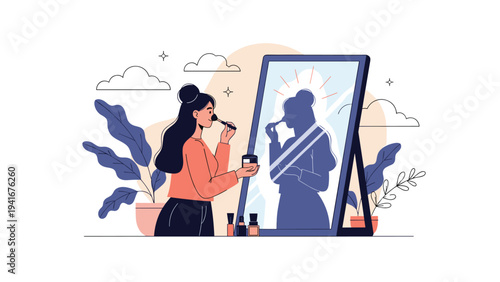 Elegant woman applies makeup thoughtfully in front of a large mirror, surrounded by beauty products on a table, enhancing her natural beauty.