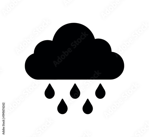Bold black cloud with six raindrops beneath, a simple weather icon for forecasts, apps, and background graphics.