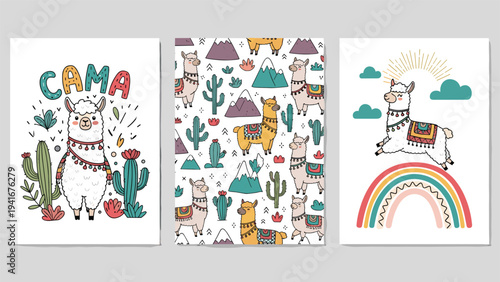 Collection of three delightful illustrations featuring cute llamas, surrounded by vibrant cacti, majestic mountains, and a colorful rainbow, showcasing bohemian charm.