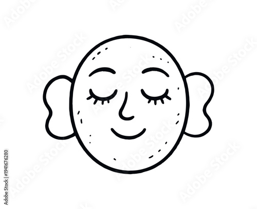 Hand-drawn style outline of a peaceful smiling face with closed eyes and prominent ears, suited for wellness, meditation, or skincare illustrations.