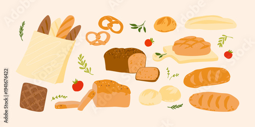 Bread and bakery collection. Whole grain, ciabatta, brown homemade, white wheat bread, pretzel,  baguette, loaf, bun. Vector illustration isolated set.