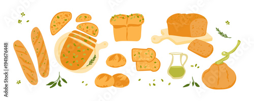 Pumpkin bread set.  Loaf with seeds on top, slices, homemade buns, fresh grainy baguettes. Vector illustration collection isolated on white.