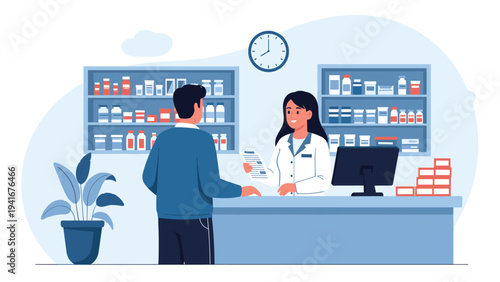 Man at the pharmacy counter consults with a friendly female pharmacist, discussing prescriptions and seeking expert medical advice.