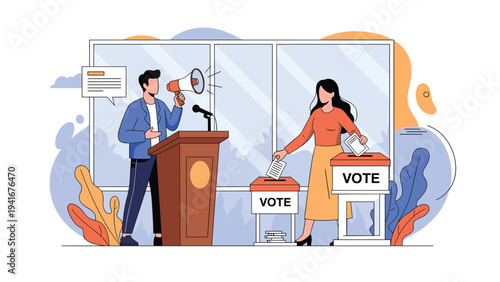 Man delivers a powerful speech with a megaphone at a podium while a woman casts her ballot, symbolizing the democratic election process.