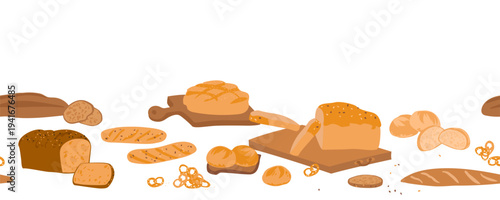 Different types of homemade bread, various baguettes, buns on white background.  Fresh loaf and slices of spelt bread on wooden cutting boards. Rustic vector banner with copy space. Seamless pattern.