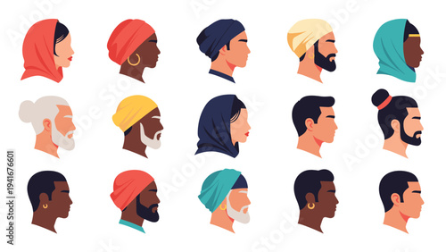 Collection of diverse profile avatars showcasing side views of men and women from various ethnicities and cultural backgrounds, wearing different head coverings.