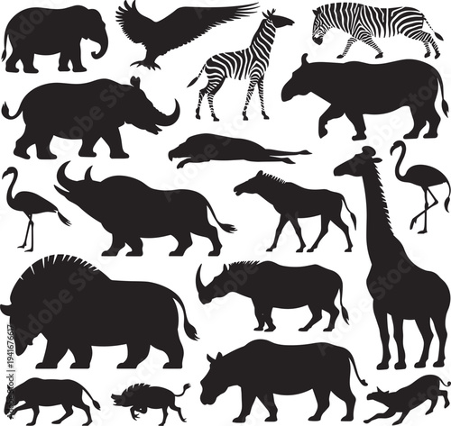 African wildlife animal silhouettes collection vector set including elephant zebra giraffe rhino flamingo buffalo safari animals isolated on white background