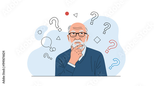 Elderly man with glasses appears deeply thoughtful and contemplative, surrounded by floating question marks, symbolizing doubt, confusion, and deep introspection.