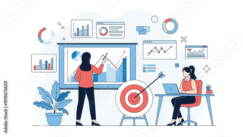 Dedicated businesswomen collaborate on a strategic marketing project, presenting data on a whiteboard while focusing on achieving clear business goals with precision.