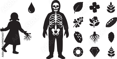 Set of 17 black silhouette vector icons featuring a child, skeleton, water drop, and various plant elements like leaves, flowers, roots, and seeds, plus two diamond shapes