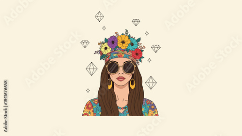 Stylish woman with flowing long hair wears a vibrant flower crown and chic sunglasses, embodying bohemian fashion and a free-spirited lifestyle.