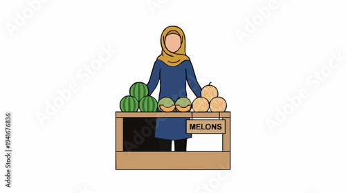 Woman in yellow hijab and blue dress selling watermelons and melons at a market stall illustration
