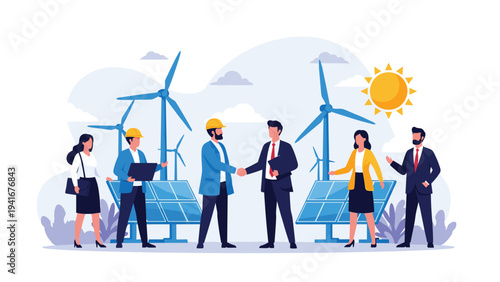 Diverse group of professionals, including businessmen and engineers, forge a new partnership, shaking hands amidst wind turbines and solar panels, symbolizing renewable energy collaboration.