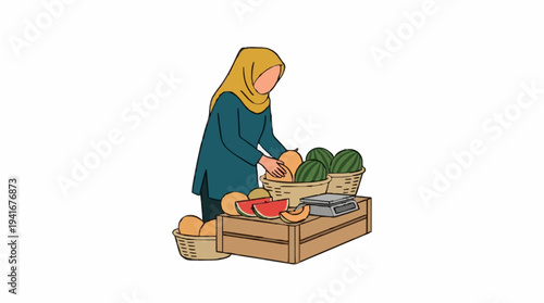 Woman in yellow hijab and teal tunic arranging fresh fruits including watermelons and oranges at an outdoor market stall with a white background