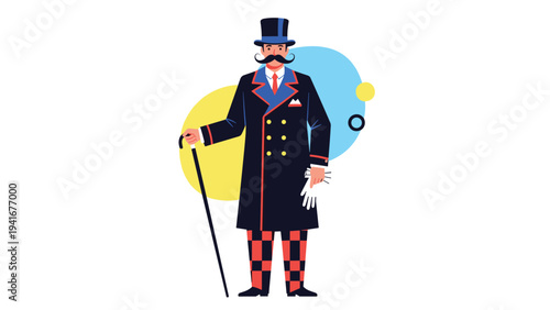 Distinguished gentleman with a meticulously groomed mustache wears a classic top hat and long coat, holding a cane, embodying Victorian elegance and refinement.