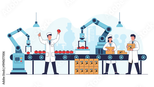 Automated food production line efficiently processes fresh tomatoes with robotic arms, while dedicated workers in lab coats meticulously inspect and package produce.