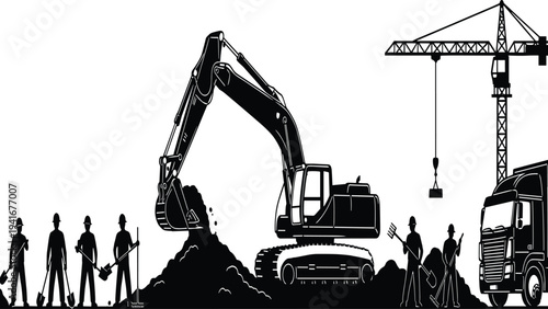 Construction site silhouettes with excavator crane truck and workers building infrastructure industrial machinery teamwork engineering development concept illustration vector landscape