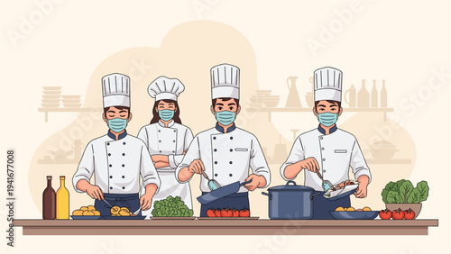 Dedicated team of professional chefs, all wearing protective masks, diligently collaborate in a busy kitchen, preparing delicious meals with utmost hygiene.