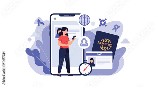 Woman skillfully uses her smartphone to manage various travel documents, passports, and visa applications, illustrating efficient online travel planning and digital identity.