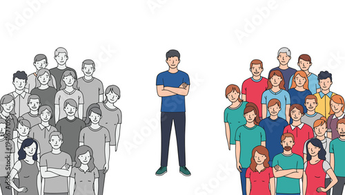 Lone man stands confidently between two distinct groups of people, one muted and one vibrant, symbolizing choice, individuality, and societal division.