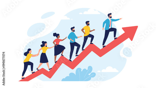 Diverse group of motivated individuals collaboratively climb a sharply ascending red arrow, led by a visionary leader, symbolizing remarkable progress and shared growth.
