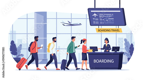 Diverse group of travelers patiently queue at an airport check-in counter for "BOARDING TRAVEL", with an airplane flying overhead, symbolizing efficient air travel.