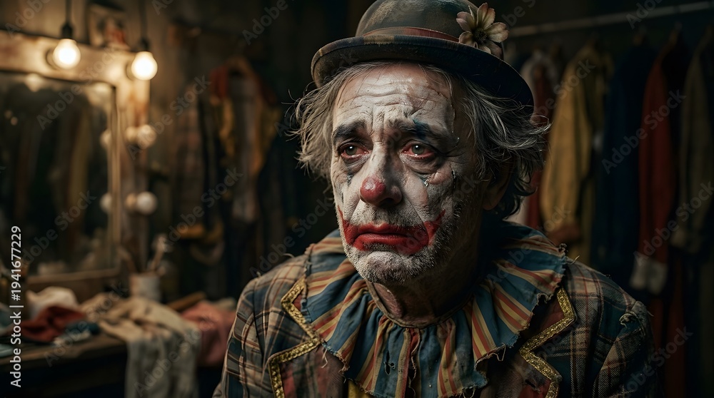 Fototapeta premium Sad elderly clown sitting in a dimly lit backstage dressing room after the performance.