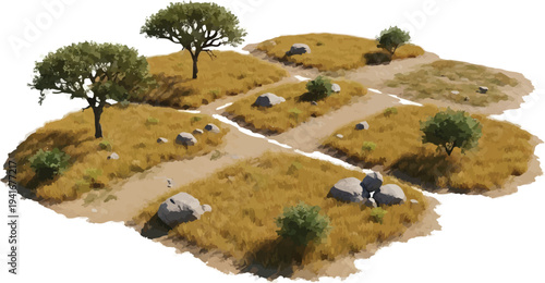 Isometric 3D Game Asset of Dry Grassland Terrain with Trees and Rocks isolated PNG with Transparent Background