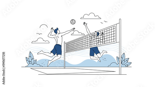 Dynamic scene of two men playing beach volleyball, one spiking the ball over the net, illustrating sports, outdoor activity, and competitive spirit.