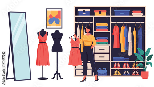 Stylish woman selecting a dress from a well-organized wardrobe, surrounded by mannequins and a mirror, depicting fashion, personal style, and shopping.