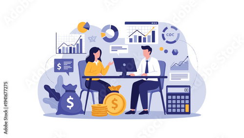 Two business professionals discussing financial data and charts at a desk, surrounded by money symbols and a calculator, indicating financial planning and analysis.
