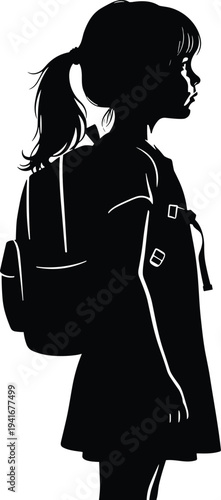 School girl silhouette with backpack standing side view child student education kid vector illustration isolated on white background