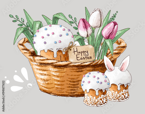 Clip art with Easter cakes, tulips, grass, basket and cardboard sign. Happy Easter. Vintage postcard composition. Imitation of pastels, hand-drawn.